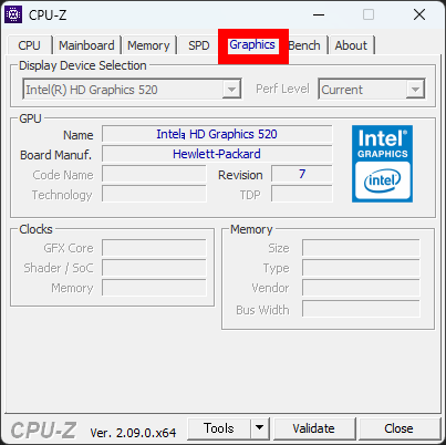 CPU-Zを起動して上のタブからGraphicsを選択する
