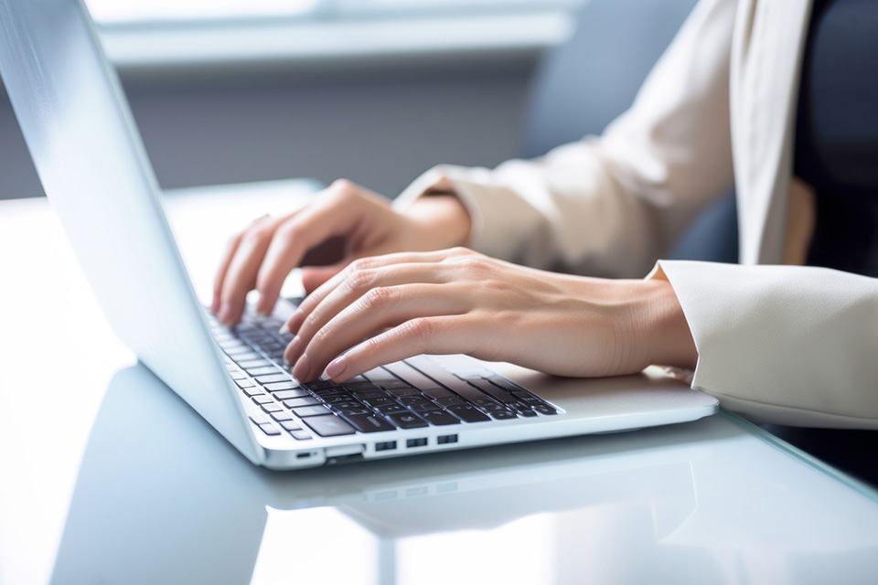 ノートパソコンのキーボードを打つ女性