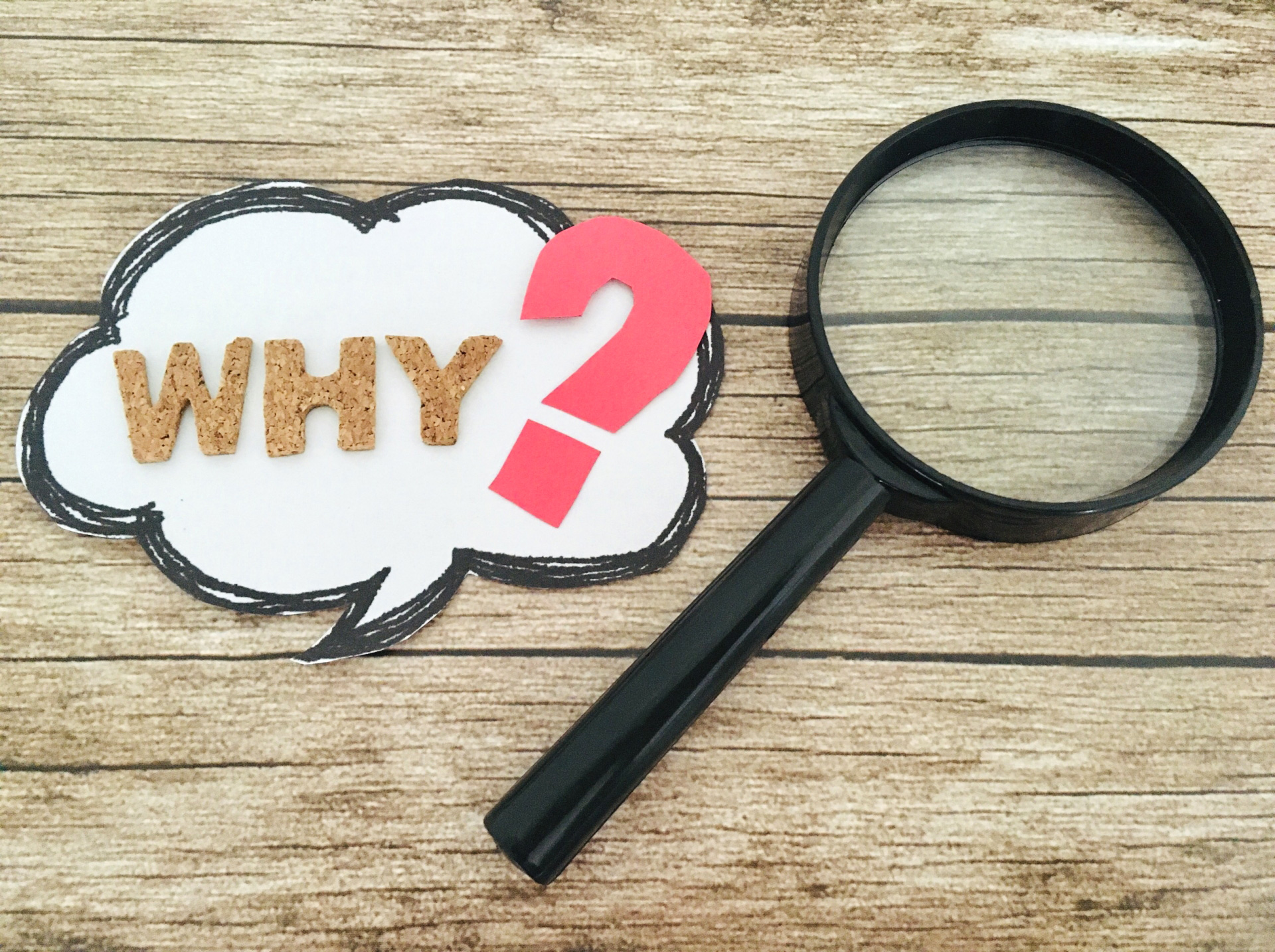 WHY?という文字と虫眼鏡
