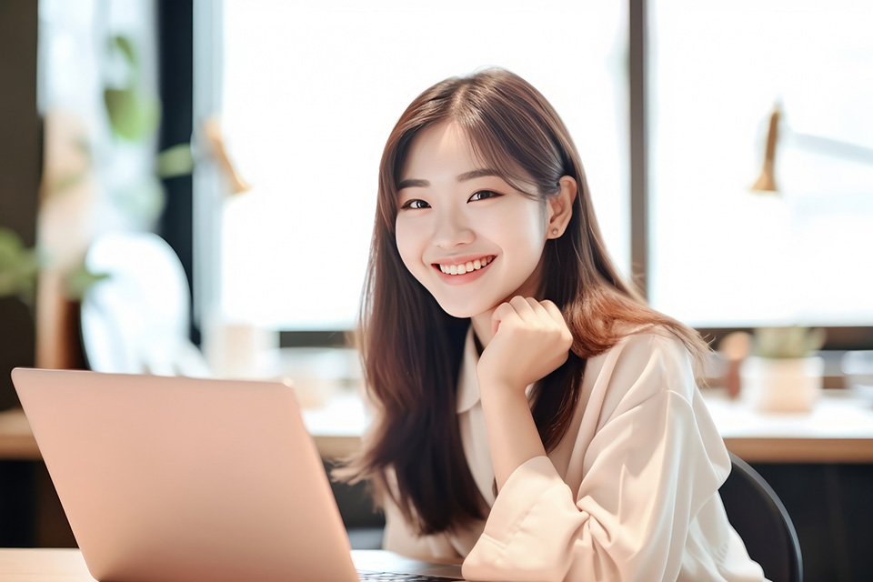オフィスでノートパソコンを前に笑顔の女性